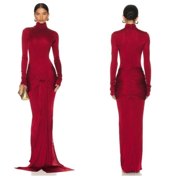 Helsa Slinky Jersey Sarong Long Sleeve Draped Maxi Dress in Samba Red Size M - Picture 1 of 14